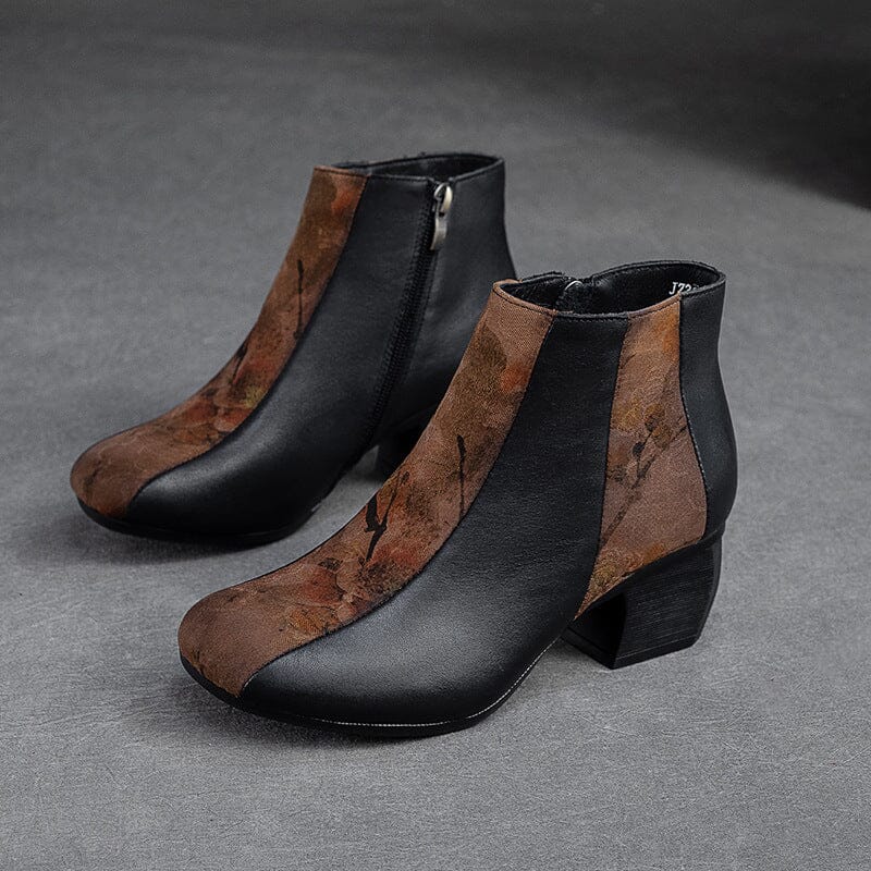 Women Autumn Patchwork Leather Chunky Heel Boots