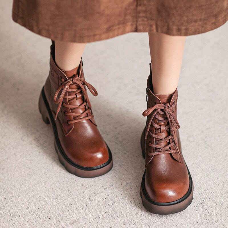 Women Autumn Retro Leather Chunky Platform Boots