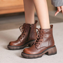 Women Autumn Retro Leather Chunky Platform Boots