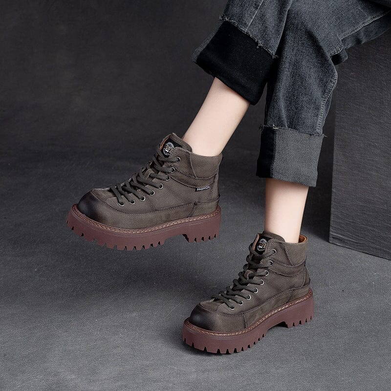 Women Autumn Retro Leather Thick Soled Ankle Boots