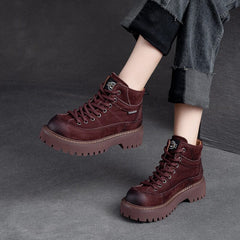 Women Autumn Retro Leather Thick Soled Ankle Boots