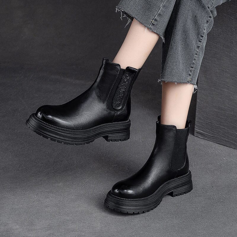 Women Autumn Retro Minimalist Leather Thick Soled Boots