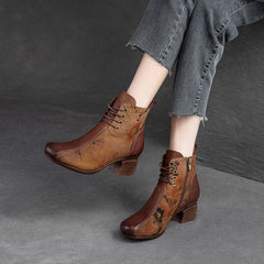 Women Autumn Retro Patchwork Leather Heel Boots