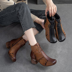 Women Autumn Retro Patchwork Leather Heel Boots