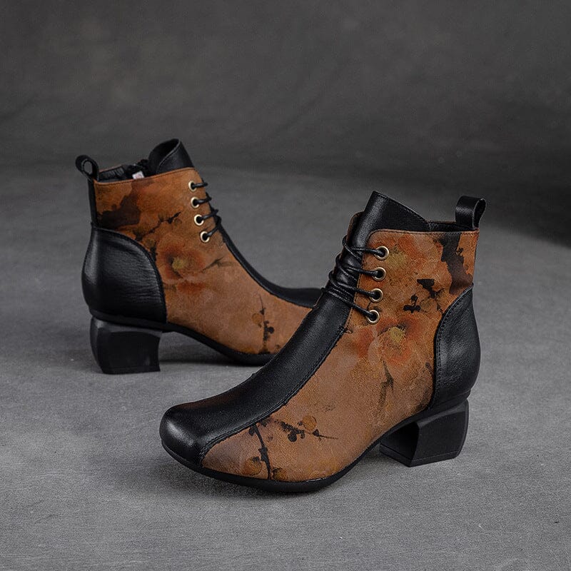 Women Autumn Retro Patchwork Leather Heel Boots