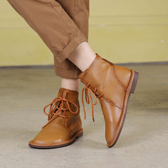 Women Autumn Retro Soft Leather Casual Flat Boots