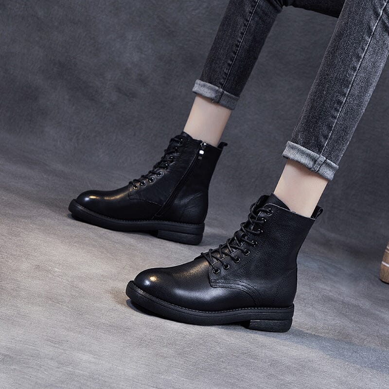 Women Autumn Winter Casual Solid Leather Boots