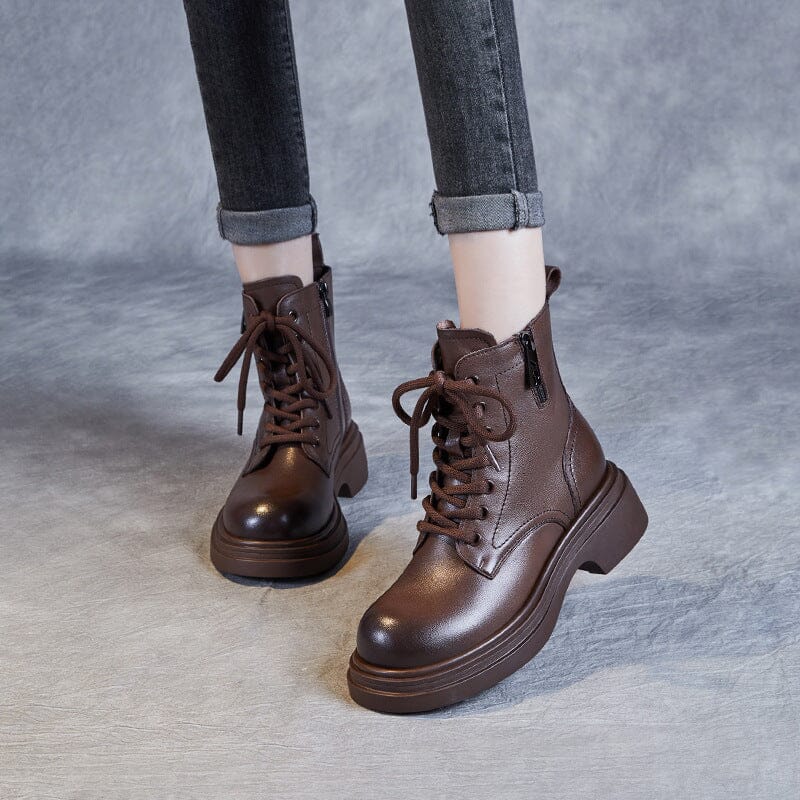 Women Autumn Winter Retro Leather Thick Soled Boots