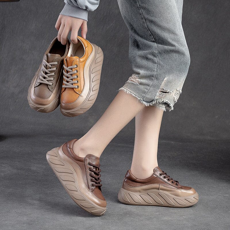 Women Color Matching Leather Thick Soled Casual Shoes