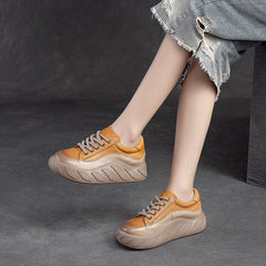 Women Color Matching Leather Thick Soled Casual Shoes