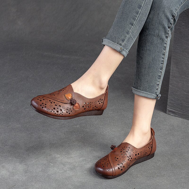 Women Hollow Soft Leather Retro Casual Shoes