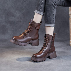 Women Minimalist Retro Cowhide Chunky Platform Boots