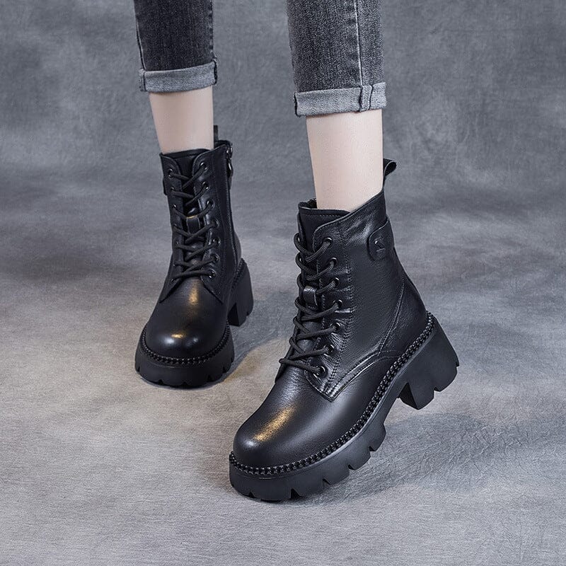 Women Minimalist Retro Cowhide Chunky Platform Boots