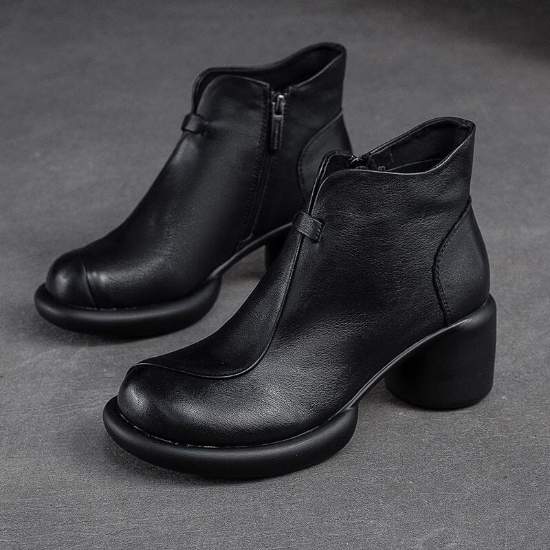 Women Minimalist Retro Leather Chunky Heel Boots