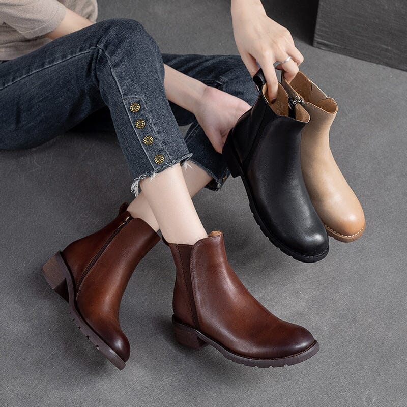 Women Minimalist Retro Leather Chunky Soled Boots