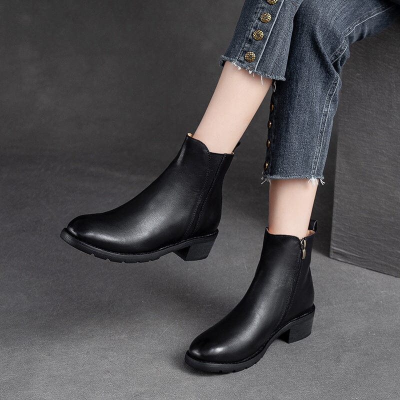 Women Minimalist Retro Leather Chunky Soled Boots