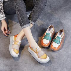 Women Platform Leather Retro Color Matching Casual Shoes