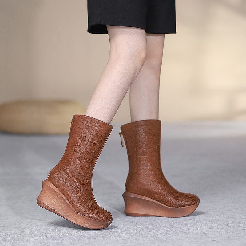 Women Retro Autumn Leather Wedge Boots