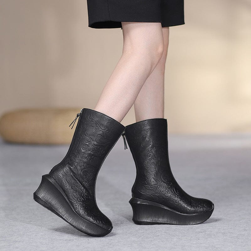 Women Retro Autumn Leather Wedge Boots