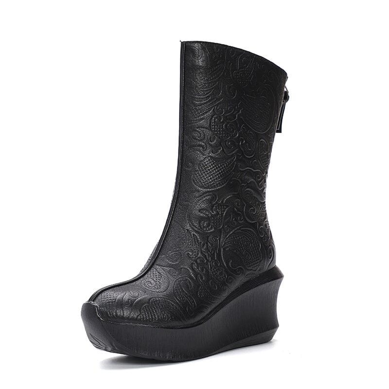 Women Retro Autumn Leather Wedge Boots