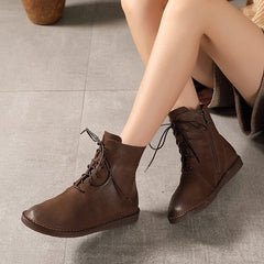 Women Retro Casual Solid Leather Flat Boots