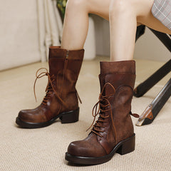 Women Retro Cowhide Leather Handmade Riding Boots