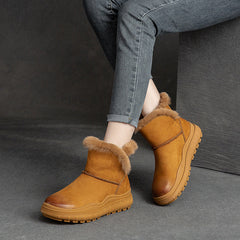 Women Retro Flat Leather Furred Winter Boots