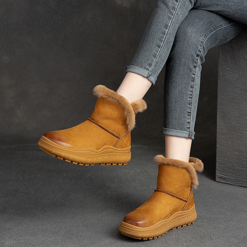 Women Retro Flat Leather Furred Winter Boots