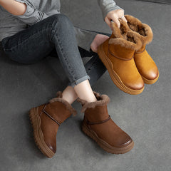 Women Retro Flat Leather Furred Winter Boots