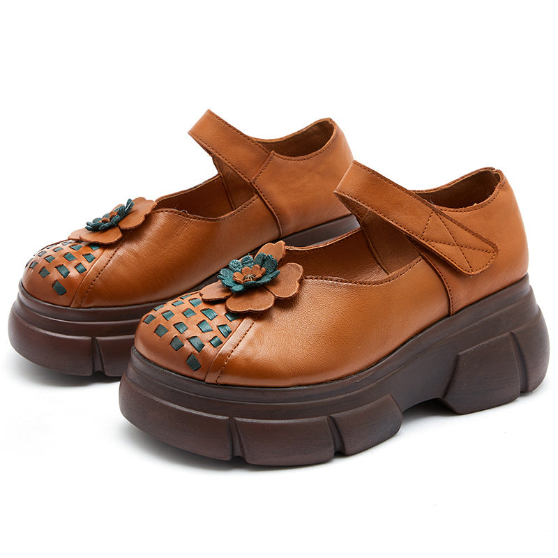 Women Retro Flower Plaited Leather Casual Shoes