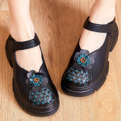 Women Retro Flower Plaited Leather Casual Shoes