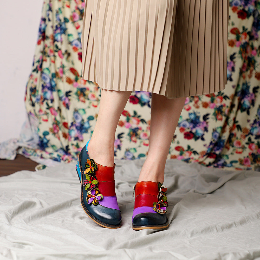 Women Retro Flowers Color Block Leather Brogue Shoes