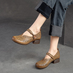 Women Retro Hollow Leather Low Chunky Heel Casual Shoes