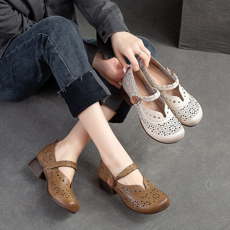 Women Retro Hollow Leather Low Chunky Heel Casual Shoes