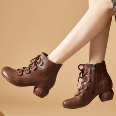 Women Retro Leather Casual Lace-up Wedeg Boots