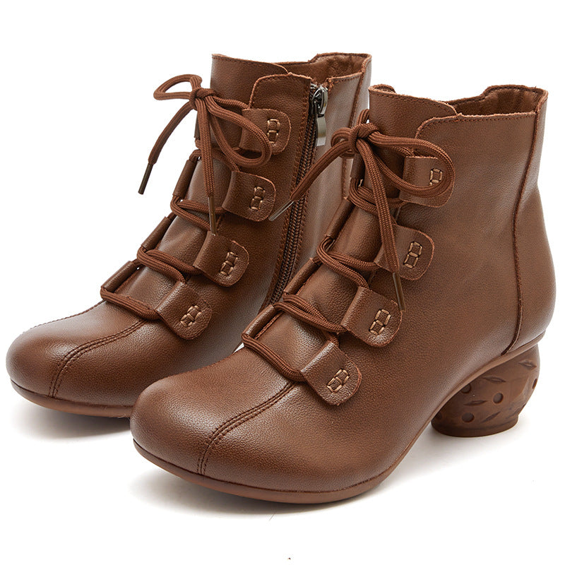 Women Retro Leather Casual Lace-up Wedeg Boots