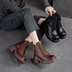 Women Retro Leather Chunky Heel Ankle Boots