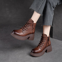 Women Retro Leather Chunky Heel Ankle Boots