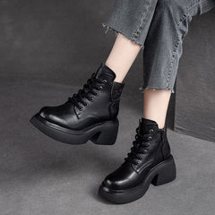 Women Retro Leather Chunky Heel Ankle Boots