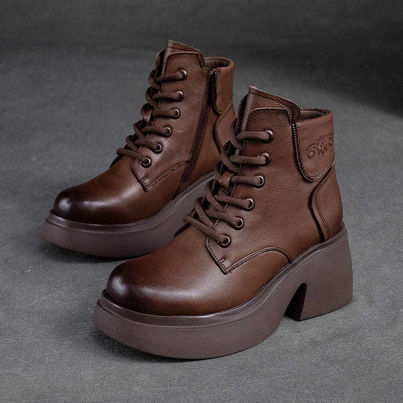 Women Retro Leather Chunky Heel Ankle Boots