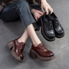 Women Retro Leather Chunky Platform Casual Shoes