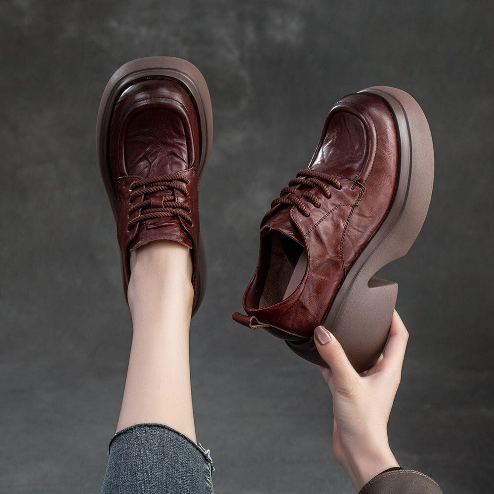 Women Retro Leather Chunky Platform Casual Shoes