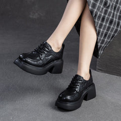 Women Retro Leather Chunky Platform Casual Shoes