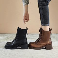 Women Retro Leather Fashion Wedge Combat Boots