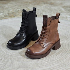 Women Retro Leather Fashion Wedge Combat Boots