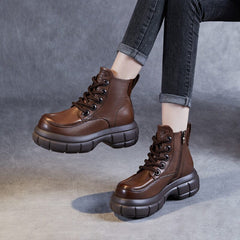 Women Retro Leather Platform Ankle Boots