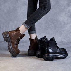 Women Retro Leather Platform Ankle Boots