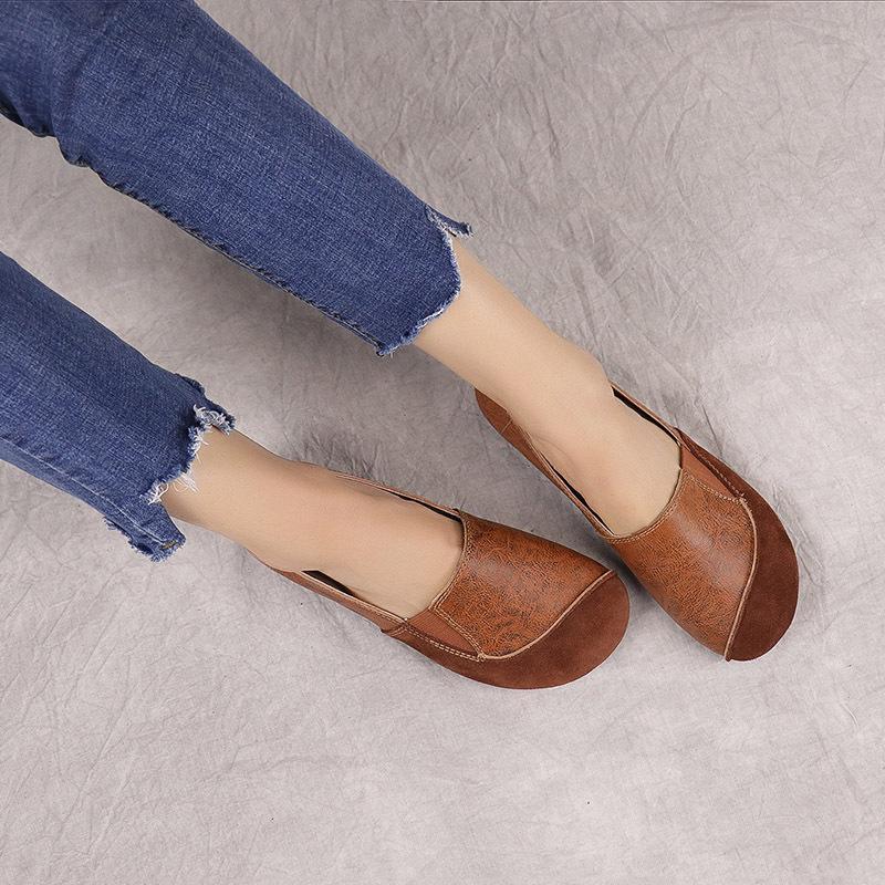 Women Retro Leather Stitching Casual Slip-On Shoes