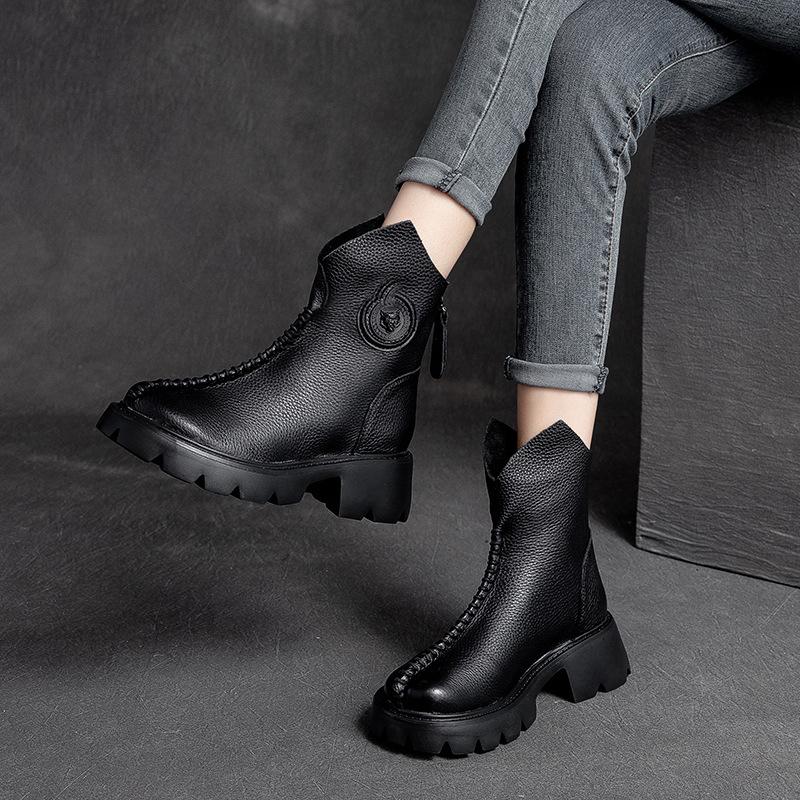 Women Retro Leather Wedge Simple Boots