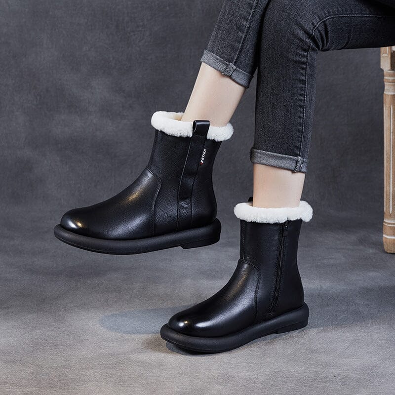 Women Retro Leather Woolen Winter Snow Boots